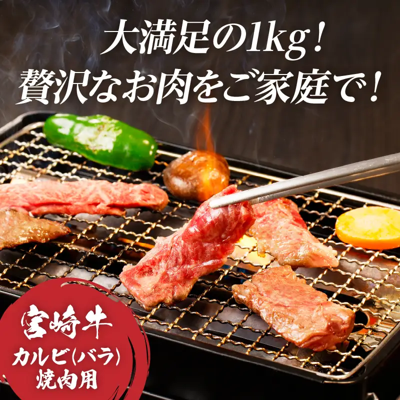 全部小分け真空パック!!「宮崎牛カルビ(バラ)焼肉用」計1kg 肉 牛 牛肉 おかず 国産_T041-0076