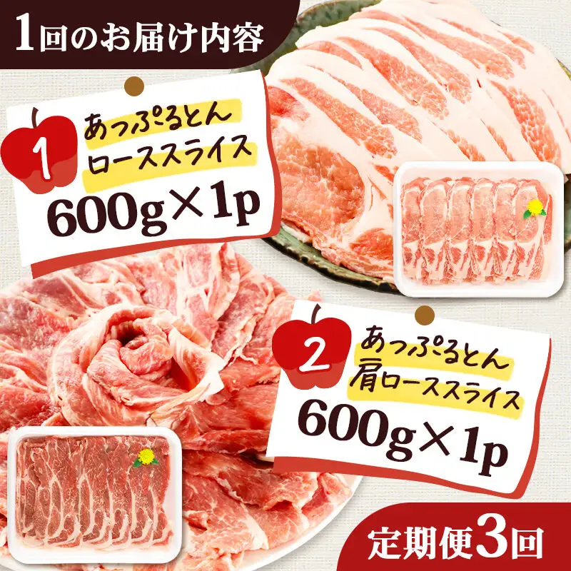 《定期便3ヶ月》 秋田県横手市産 あっぷるとん ローススライス＆肩ローススライス詰合せ 合計1.2kg（600g×各1パック）豚肉