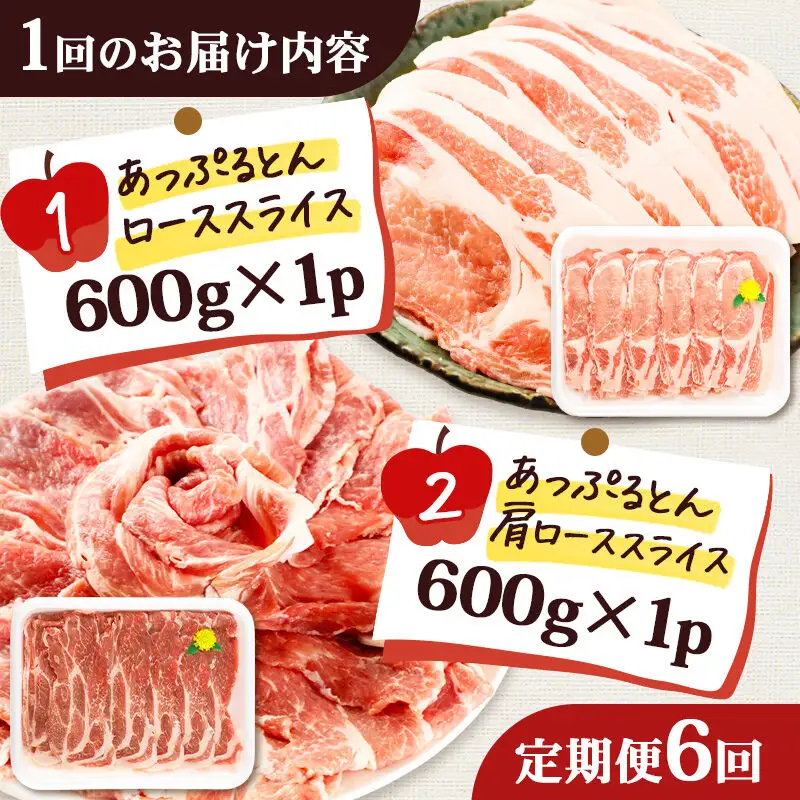 《定期便6ヶ月》 秋田県横手市産 あっぷるとん ローススライス＆肩ローススライス詰合せ 合計1.2kg（600g×各1パック）豚肉