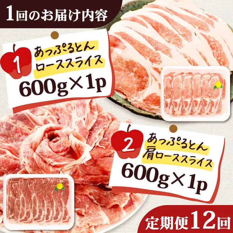 《定期便12ヶ月》 秋田県横手市産 あっぷるとん ローススライス＆肩ローススライス詰合せ 合計1.2kg（600g×各1パック）豚肉
