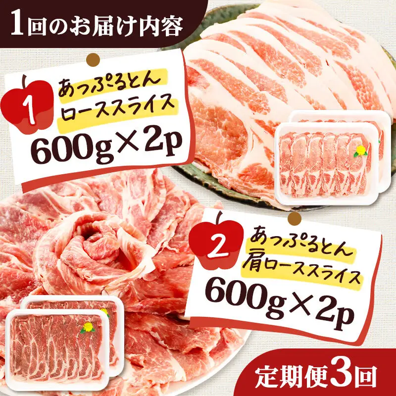 《定期便3ヶ月》 秋田県横手市産 あっぷるとん ローススライス＆肩ローススライス詰合せ 合計2.4kg（600g×各2パック） 豚肉