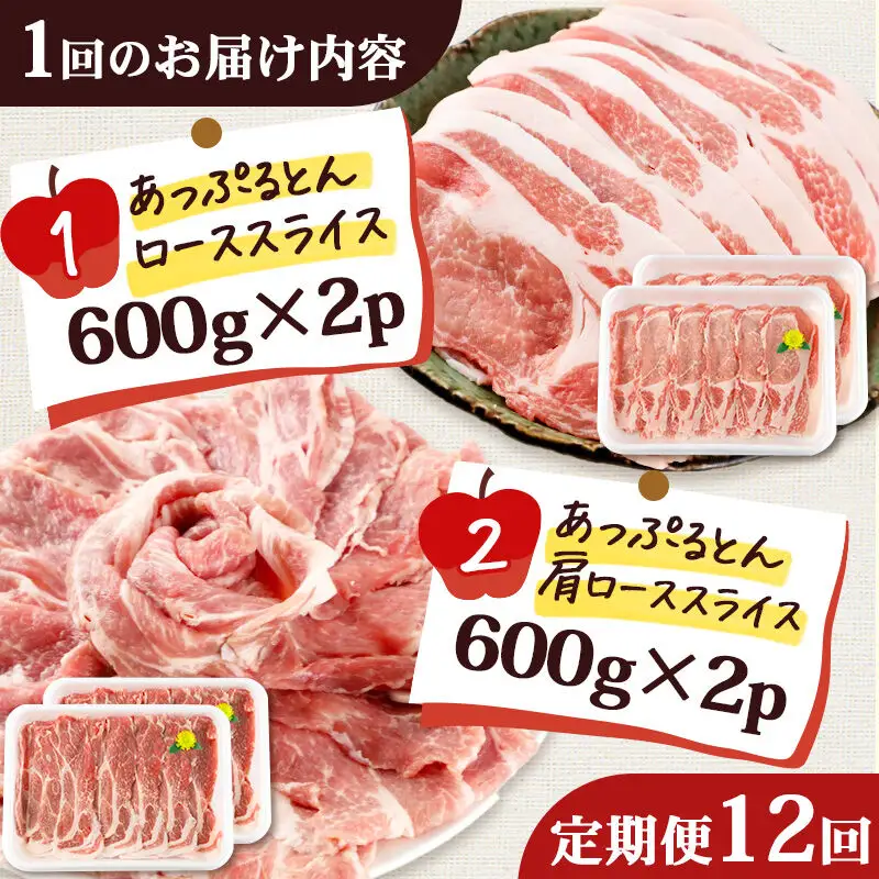 《定期便12ヶ月》 秋田県横手市産 あっぷるとん ローススライス＆肩ローススライス詰合せ 合計2.4kg（600g×各2パック） 豚肉