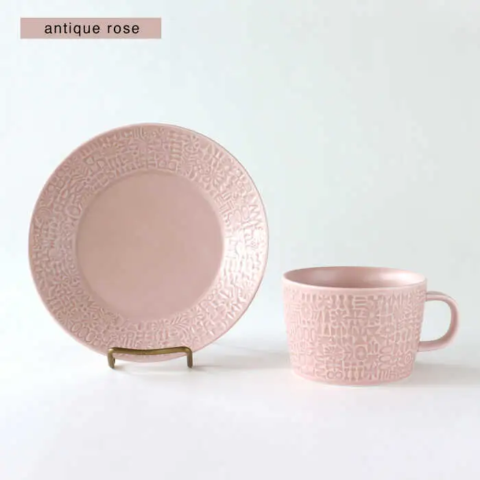 【波佐見焼】PATTERNED PLATE・MUG ペア 4点セット morning mist + antique rose　【BIRDS’ WORDS】[CF084]