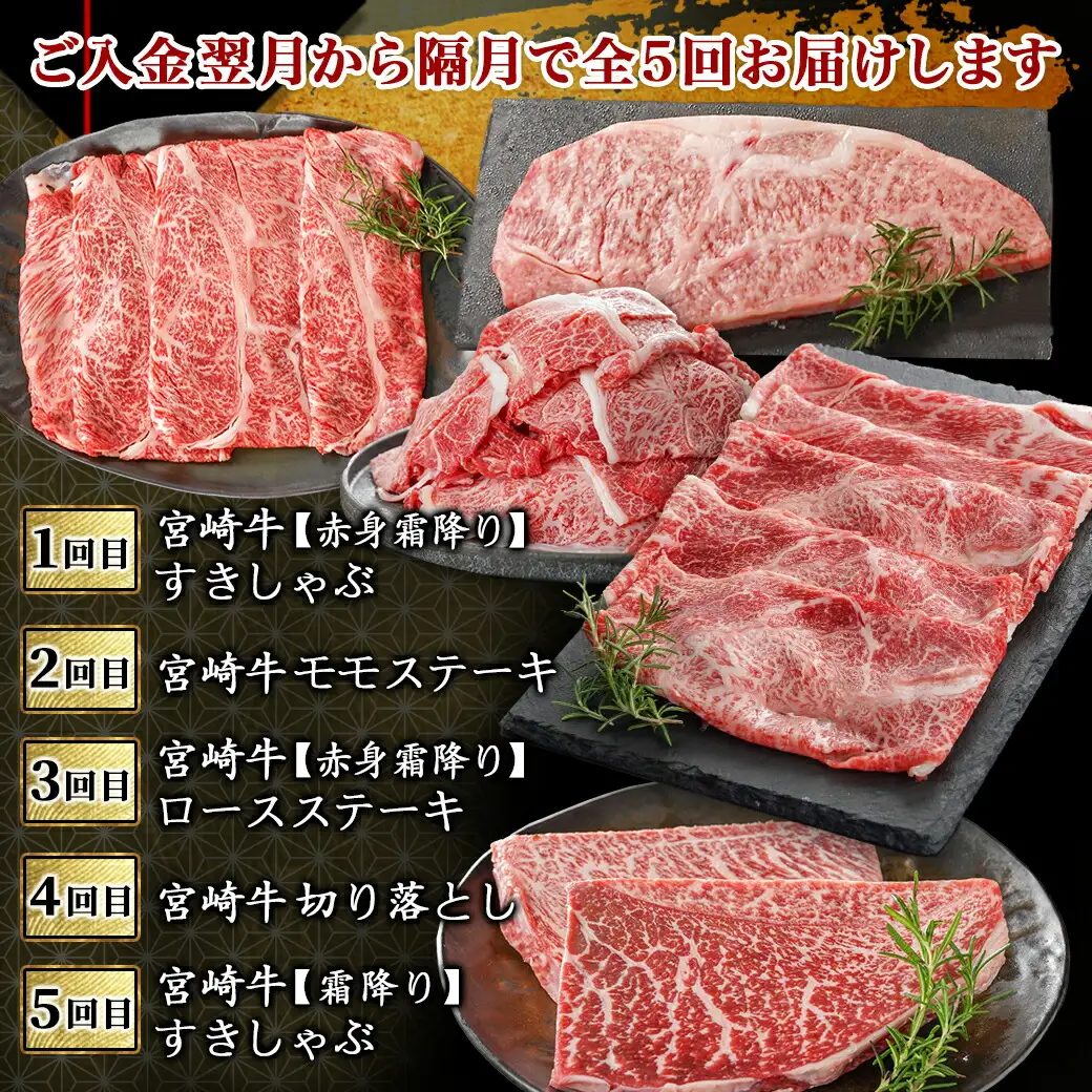 コクと旨味の宮崎牛定期便 S(隔月5回)〔T70-5-6501〕_(都城市) 宮崎牛 牛うで 牛もも スライス モモステーキ ロースステーキ 切り落とし 肩ローススライス 定期便