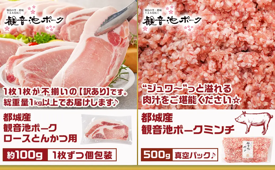 豚肉バラエティ6種4.1kgセット※訳あり入り〔AC-9218〕_(都城市) 都城産豚 観音池ポーク ロース・肩ロースしゃぶしゃぶ用/ミンチ/スペアリブ/【訳あり】ロースとんかつ用 訳あり 宮崎県産豚切り落とし