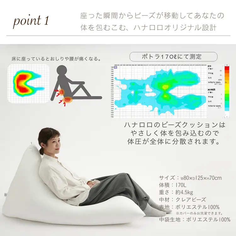 クッション ビーズクッション ハナロロ ポトラ 170L ニットカバー付 チャコールグレー