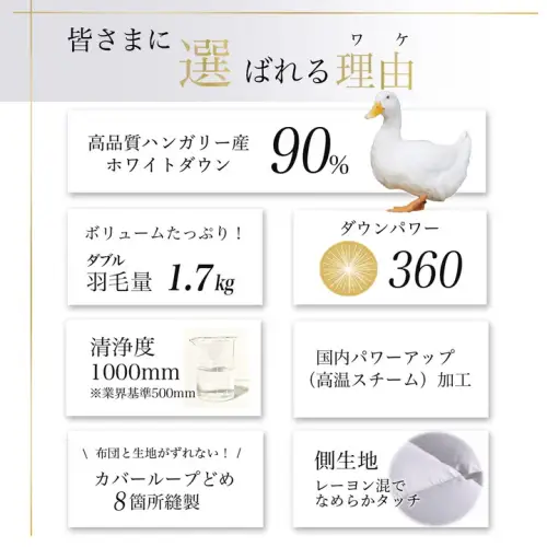 【パウダーグレー】羽毛布団 ダブルサイズ ハンガリーホワイトダウン90％ 掛布団 アクア