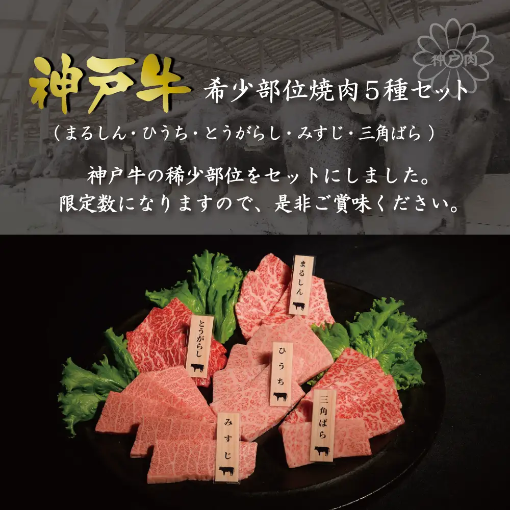 神戸牛希少部位焼肉セット(5種）まるしん ひうち とうがらし みすじ 三角ばら 80g×5パック [肉 牛肉 神戸牛 最高級肉 神戸ビーフ 神戸肉 但馬牛 希少部位  食べ比べ 焼肉 お取り寄せ 加東市 兵庫県]