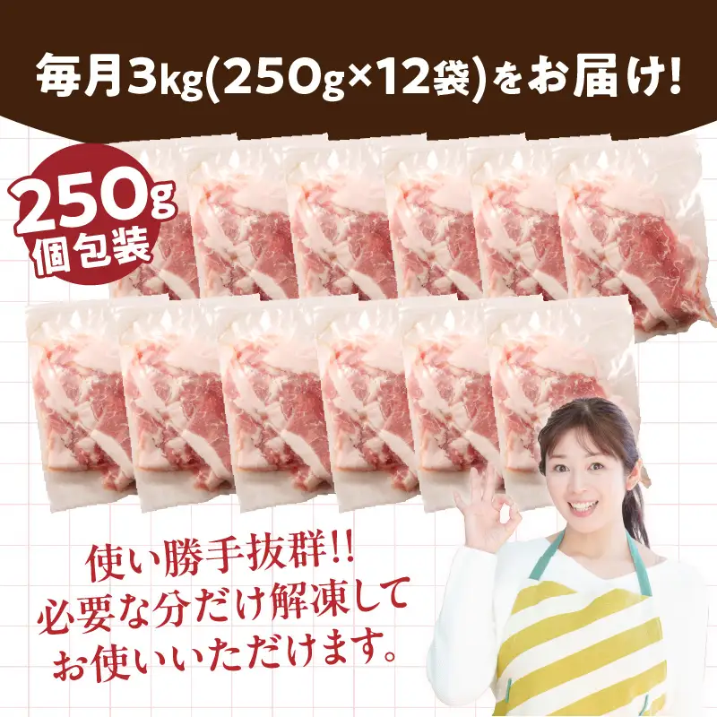 数量限定 12か月 お楽しみ 定期便 小分けで便利 豚 切り落とし 総重量36kg お肉 豚肉 国産 小分け 真空パック 個包装 万能食材 おすすめ おかず 食品 お弁当 豚丼 しゃぶしゃぶ お祝い 記念日 宮崎県 日南市 送料無料_SH1-24