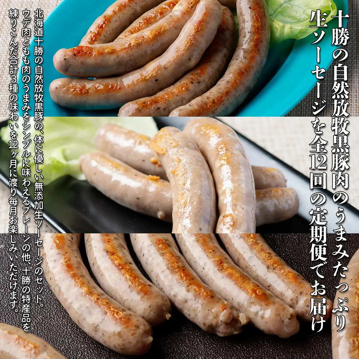 十勝鹿追町産　自然放牧黒豚　無添加生ソーセージ３種 定期便（12カ月）【  北海道  送料無料 】 SKN015