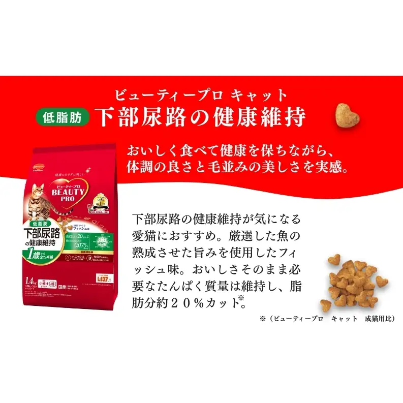 日本ペットフード ビューティープロ キャット 下部尿路の健康維持 低脂肪 1歳から 1.4kg（280g×5袋入）×8袋（ケース） キャットフード