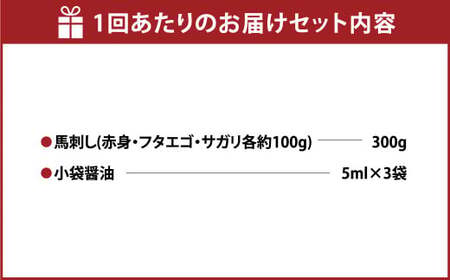 ＜ R8年熊本地震復興支援 ＞【定期便 3回】3種の馬刺し 約300g【赤身・フタエゴ・サガリ】 計約 900g 熊本 馬刺し 馬肉 馬 3種類 セット 冷凍 ふたえご さがり 食べ比べ