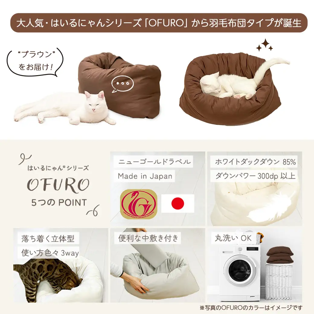 【ブラウン】ねこの羽毛ふとん「OFURO」〔AF-J206-br〕_(都城市) 羽毛布団タイプ 大切な家族 ペット 埋もれるおふとん 夢中 ニューゴールドラベル 高品質 全部丸洗い