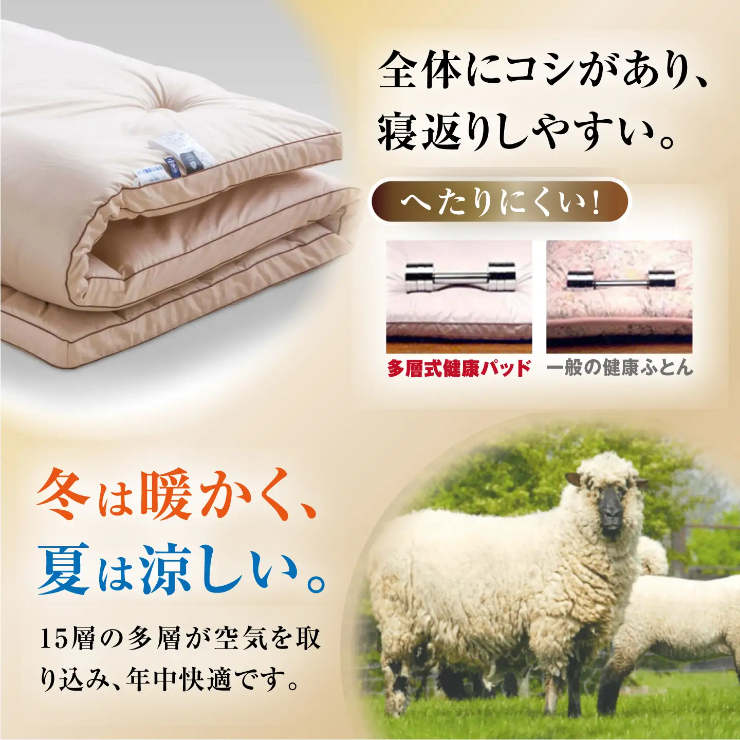 キャメル入り15層羊毛敷き （セミダブル）[AQBC002] 敷布団