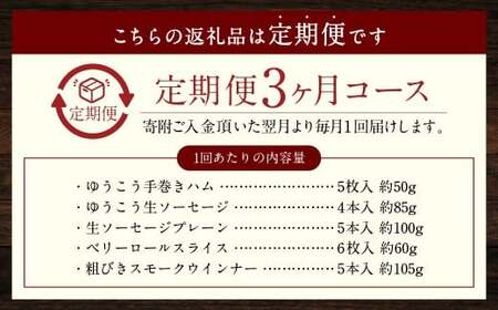 【全3回定期便】長崎伝統柑橘【ゆうこう】食べ比べセット ／ ゆうこう手巻きハム ゆうこう生ソーセージ 生ソーセージプレーン ベリーロールスライス 粗びきスモークウインナー 豚肉 お肉 惣菜 ギフト 長崎