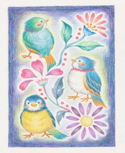 白木フレーム入り版画「小鳥たち」絵本作家おまたたかこジークレー版画