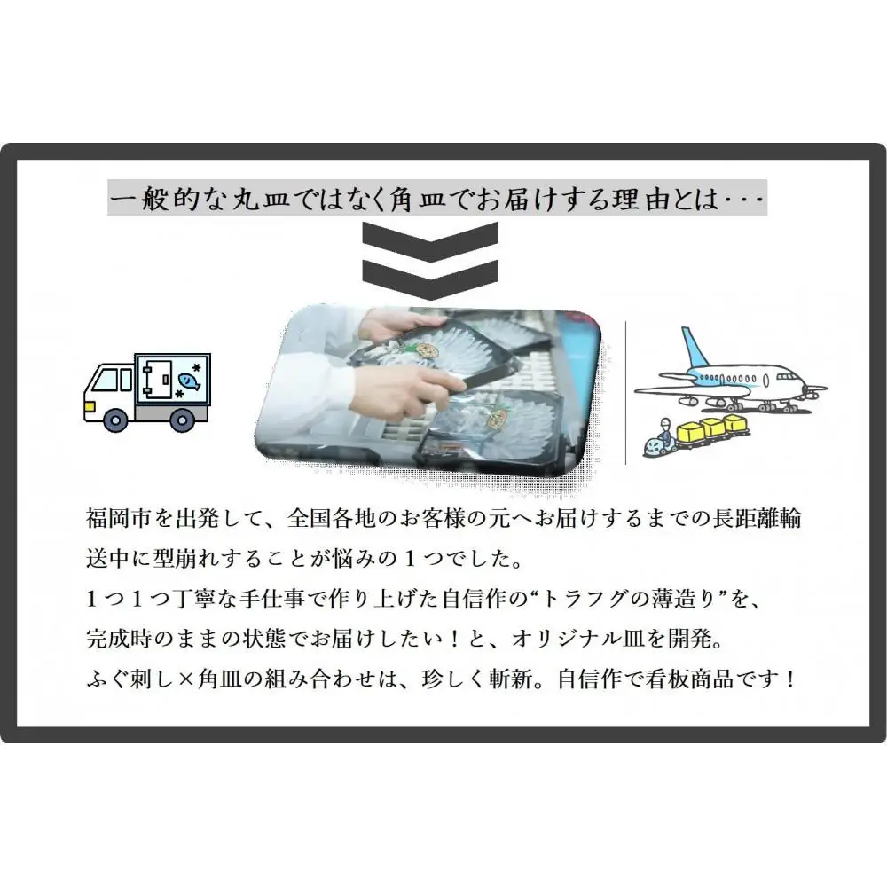 【トラフグ薄造り】【オリジナル角皿×2皿】 ふぐ専門店ふくます水産が「博多の台所：福岡中央卸売市場」より直送 | さかな 食品 水産 ふぐ