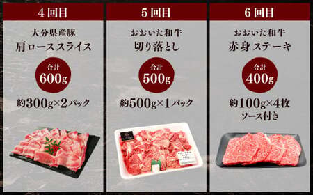 173-1286 【6ヶ月定期便】 毎月違うセットが届く！おおいた和牛＆大分県産豚肉セット 合計約2.9kg 1回あたり約400g～約600g 牛肉 豚肉 おおいた和牛 食べ比べ セット ソース付き ロース 肩ロース 切落し バラ 豚バラ 赤身 ステーキ 焼肉 スライス BBQ バーベキュー お取り寄せ グルメ 大分県産