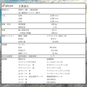 側車付（軽）二輪自動車：ｅFalcon（イーファルコン） 電気自動車999-006