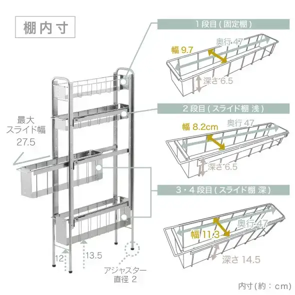 ランドリーサイドラック 4段 幅17cm 収納 隙間収納 隙間 すき間収納 すき間 ランドリー収納 ランドリーラック 洗面所収納 洗面所 ステンレス スリム スライド 段差 燕三条 日本製 YLS-1244 [川口工器]【048S016】