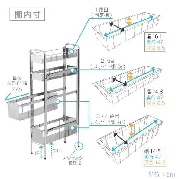 ランドリーサイドラック 4段 幅21cm 収納 隙間収納 隙間 すき間収納 すき間 ランドリー収納 ランドリーラック 洗面所収納 洗面所 ステンレス スリム スライド 段差 燕三条 日本製 YLS-1245 [川口工器]【051S007】
