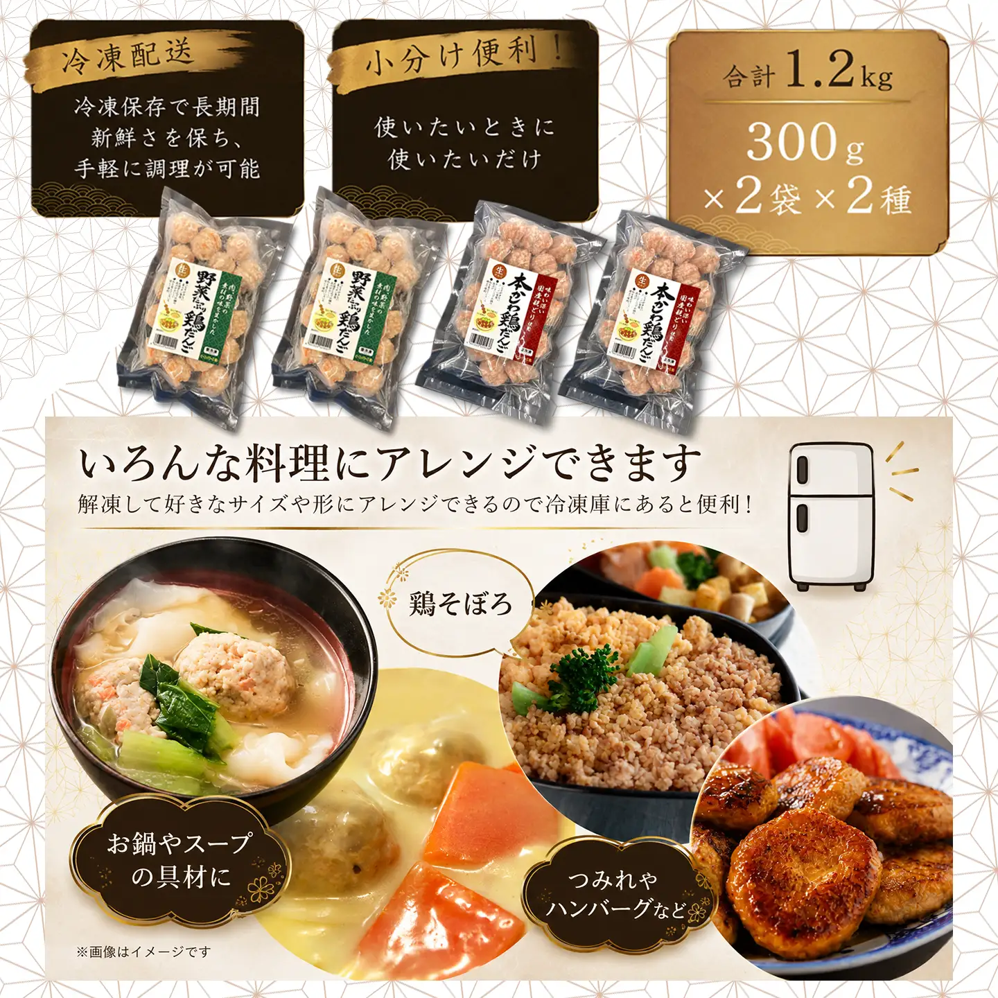 鶏だんご2種（本かしわ・野菜たっぷり）合計1.2kg（300g入り×各2袋）鍋用だんご