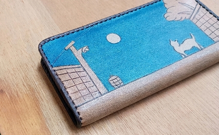 ☆世界にひとつだけ☆ L型小銭入れ付きファスナー財布☆ねこ☆ パールスカイブルー 山羊革 財布 お財布 長財布