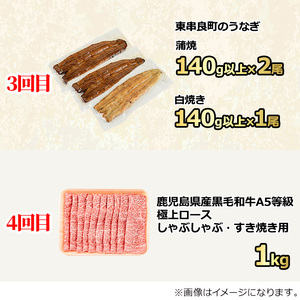 【1506104b】贅沢定期便！鰻と牛肉の4回定期便(4回連続・計1940g) うなぎ 高級 ウナギ 鰻 国産 蒲焼 蒲焼き 白焼き たれ 肉 牛肉 サーロインステーキ しゃぶしゃぶ すき焼き 鹿児島 ふるさと 【東串良町】
