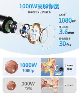 カメラ付き耳かき　【11100-1648】1000万画素 高解像 耳掃除 LEDライト 防水 安全 ワイヤレス 充電式 耳のケア 口内検査