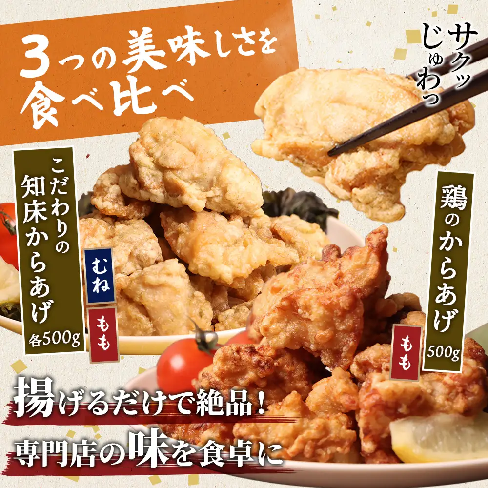【ふるなび限定】【揚げるタイプ】知床からあげ【知床の塩】鶏のからあげ1.5kg（もも500g・むね500g・鶏のからあげ500g）FN-Limited-PR【3518801】