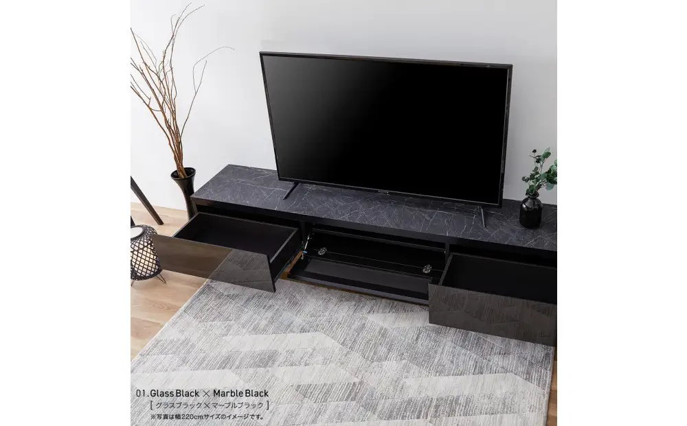 テレビボード 幅200cm ローボード テレビ台 リスボン グラスブラック×マーブルブラック 【モーブル】【大川家具】