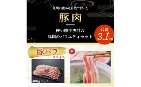 【部位3種食べ比べ!】【数量限定】九州産豚肉 3種セット 計3.1kg（ 国産 豚 豚肉 豚肉セット 豚肉小分け とんかつ 豚バラ 豚スライス 豚ロース 豚切り落とししゃぶしゃぶ 大容量 冷凍 ）