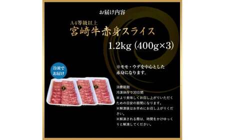 A4等級以上 宮崎牛赤身スライス 1.2kg（400g×3） 内閣総理大臣賞 牛肉 和牛 黒毛和牛 ブランド牛 宮崎牛 和牛 国産 スライス 赤身