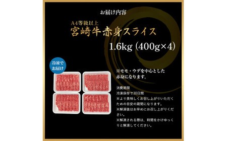 A4等級以上 宮崎牛赤身スライス 1.6kg（400g×4） 内閣総理大臣賞 牛肉 和牛 黒毛和牛 ブランド牛 宮崎牛 和牛 国産 スライス 赤身