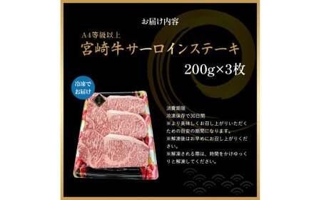 A4等級以上 宮崎牛サーロインステーキ 600g（200g×3枚） 内閣総理大臣賞 牛肉 和牛 黒毛和牛 ブランド牛 宮崎牛 和牛 国産 サーロイン ステーキ