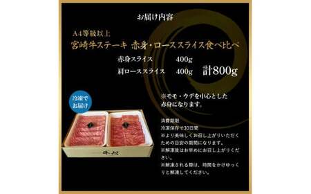 A4等級以上 宮崎牛赤身・ローススライス食べ比べ 800g （400g×2） 内閣総理大臣賞 牛肉 和牛 黒毛和牛 ブランド牛 宮崎牛 和牛 国産 赤身スライス ロース ロース肉 スライス肉 食べ比べ