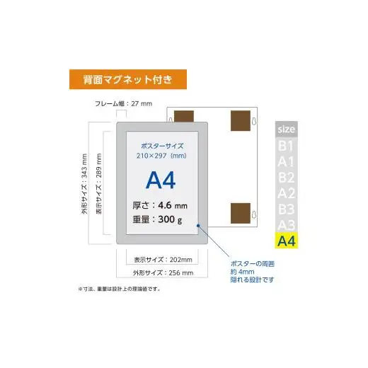 【ポスターフィット背面マグネットあり】A4用紙サイズ対応  交換が簡単な薄型ポスターフレーム