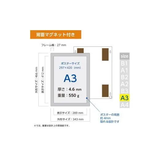 【ポスターフィット背面マグネットあり】A3用紙サイズ対応  交換が簡単な薄型ポスターフレーム