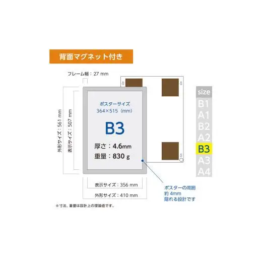 【ポスターフィット背面マグネットあり】B3用紙サイズ対応  交換が簡単な薄型ポスターフレーム