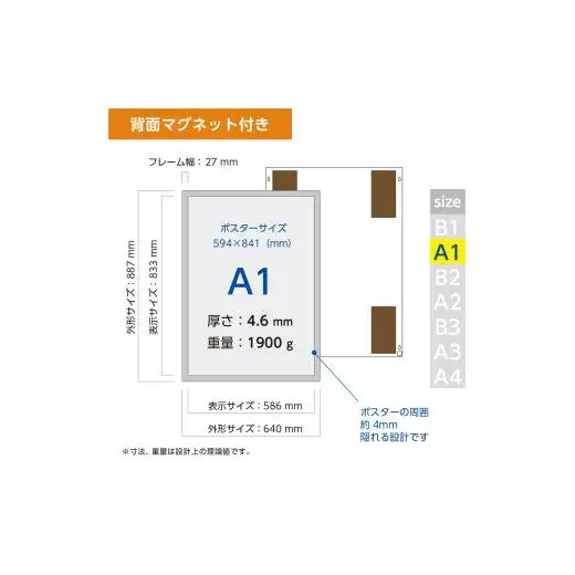 【ポスターフィット背面マグネットあり】A1用紙サイズ対応  交換が簡単な薄型ポスターフレーム