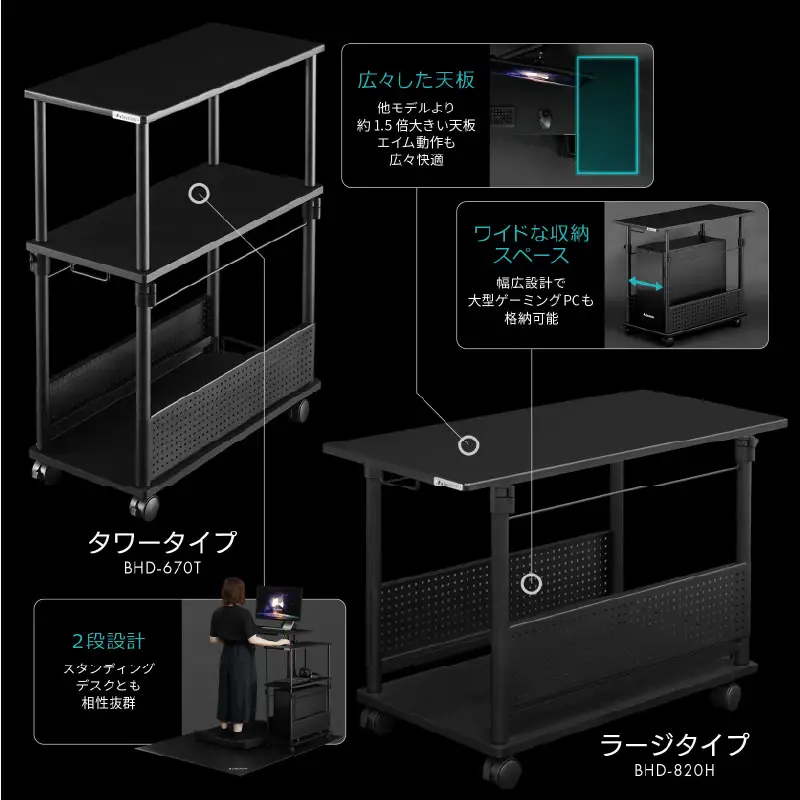 【Bauhutte】昇降式L字デスク（BHD-550H-BK） - デスクの作業領域を拡張できる