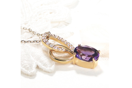 ペンダント ネックレス K18YG イエローゴールド 0.18ct ダイヤモンド アメジスト 大粒 オーバル 誕生石 華やか ハート 大ぶり 【f274-am-k18yg】