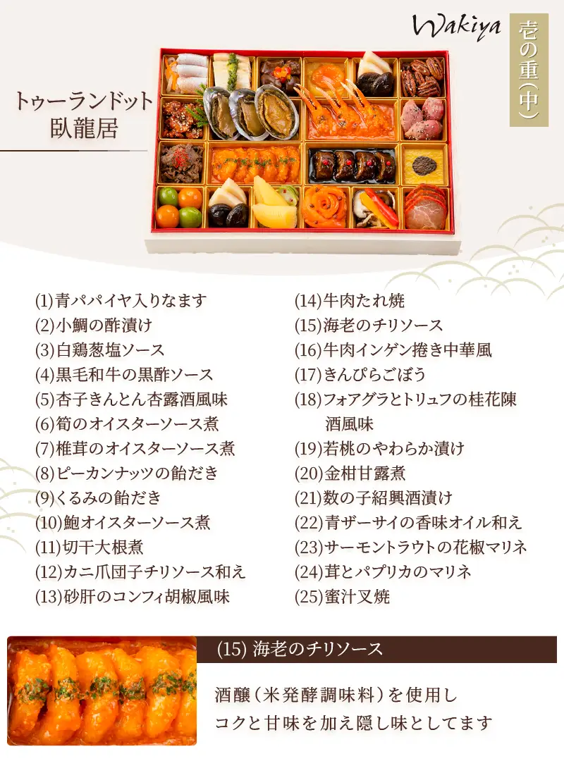 オードブル おせち お正月 2027 豪華 海鮮 魚介 肉 トゥーランドット臥龍居 中華 中国料理 一段 華やか 期間限定 数量限定 25品 2人前 有名シェフ監修 冷蔵 富士市 [sf093-007]