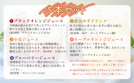 ＜素材を生かした果物ジュース バラエティセット 5本＞ 柑橘 フルーツ くだもの みかん ブルーベリー 梅 ゆず 飲料 果物 セット 詰め合わせ いろいろ 国産原料 特産品 株式会社味彩 愛媛県 西予市【常温】『2025年9月以降に順次出荷予定』SAZ0002