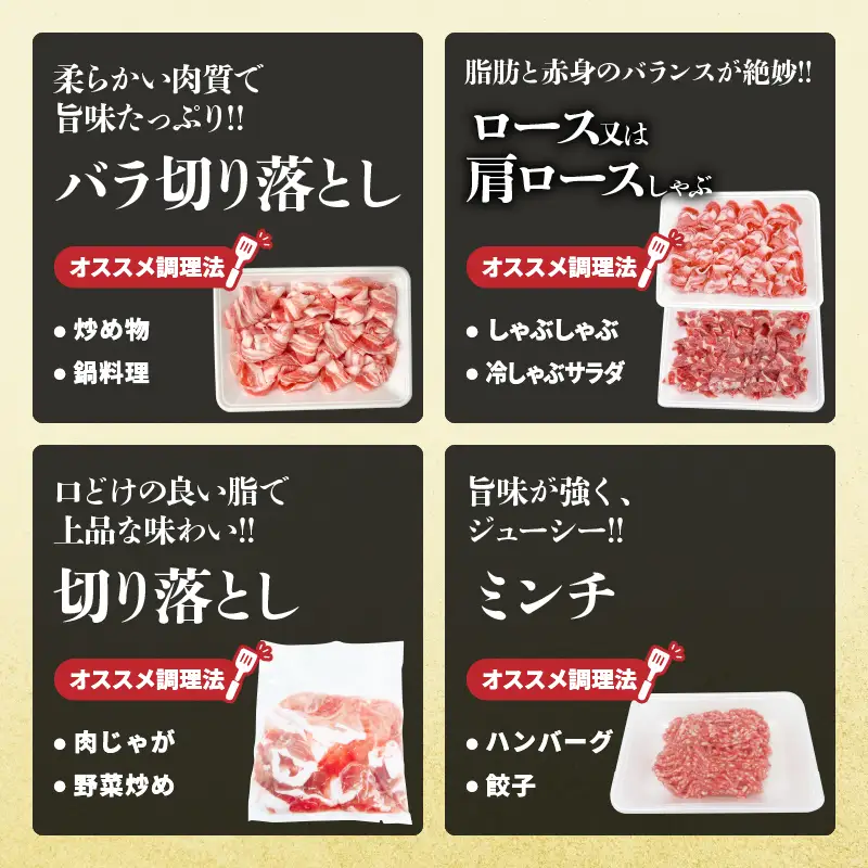 宮崎県産 豚肉 4種 セット (合計3.8kg) 国産 食品 豚バラ 切り落とし ロース 肩ロース ミンチ しゃぶしゃぶ 豚丼 ハンバーグ 餃子 ミートソース 個包装 小分け おすすめ おかず お弁当 晩ご飯 手軽 便利 万能食材 ギフト 贈り物 冷凍 日南市 送料無料_DA47-25