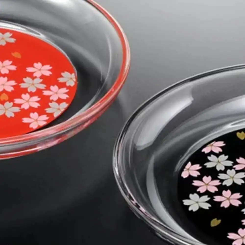 みよし漆器本舗 小皿 2枚組 14.8cm 紀州塗り ぬりもん de Verre 丸小皿 蒔絵 桜 赤 黒 直径14.8×2cm