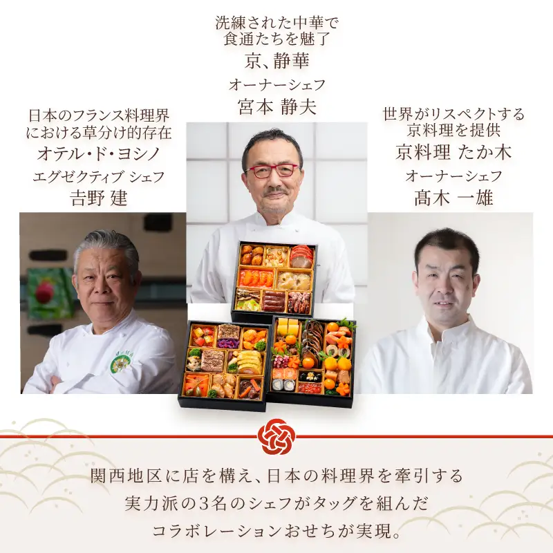オードブル おせち お正月 2027 豪華 海鮮 魚介 肉 京料理 たか木×オテル・ド・ヨシノ×京、静華 和食 フレンチ 中華 三段 華やか 期間限定 数量限定 39品 4人前 有名シェフ監修 冷蔵 富士市 [sf093-010]