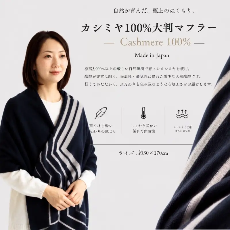 『Noble Fibre』100％カシミヤ・マフラー ダークネイビーインターシャ