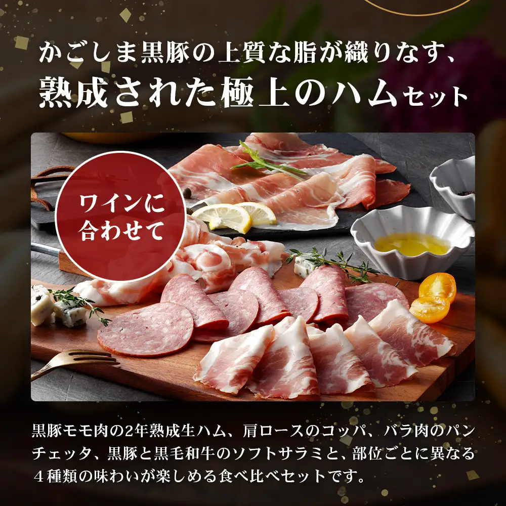 南州農場 黒豚熟成生ハム 4種食べ比べ セット 冷蔵 NS-9 | 国産 肉 お肉 豚肉 豚 にく ぶた かごしま黒豚 生ハム 最高峰 熟成ハム コッパ パンチェッタ コッホサラミ スパイス サラミ 詰め合わせ 産地直送 ギフト プレゼント 贈り物 鹿児島県 南大隅町