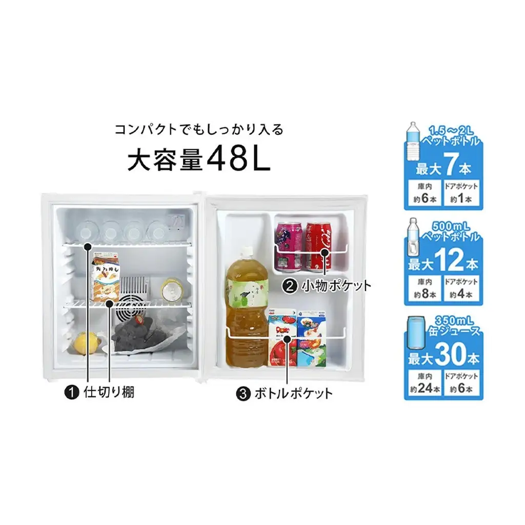1ドア冷蔵庫 右開き 冷蔵庫 小型 霜取り不要 静音 48L 一人暮らし 低振動 ペルチェ式 省エネ  小型冷蔵庫 サブ冷蔵庫 ミニ冷蔵庫 セカンド冷蔵庫 コンパクト おしゃれ 新生活 ひとり暮らし SunRuck SR-R4805W ホワイト